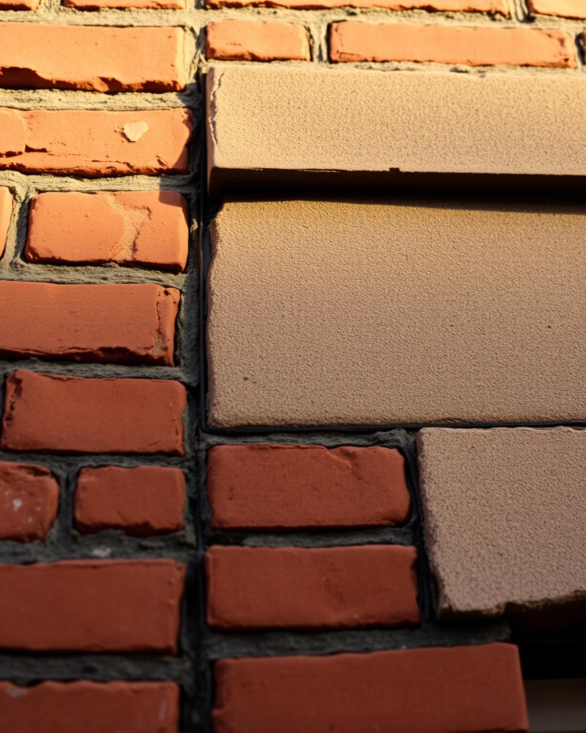 Detail of weathered brick and stone masonry on a Philadelphia rowhome