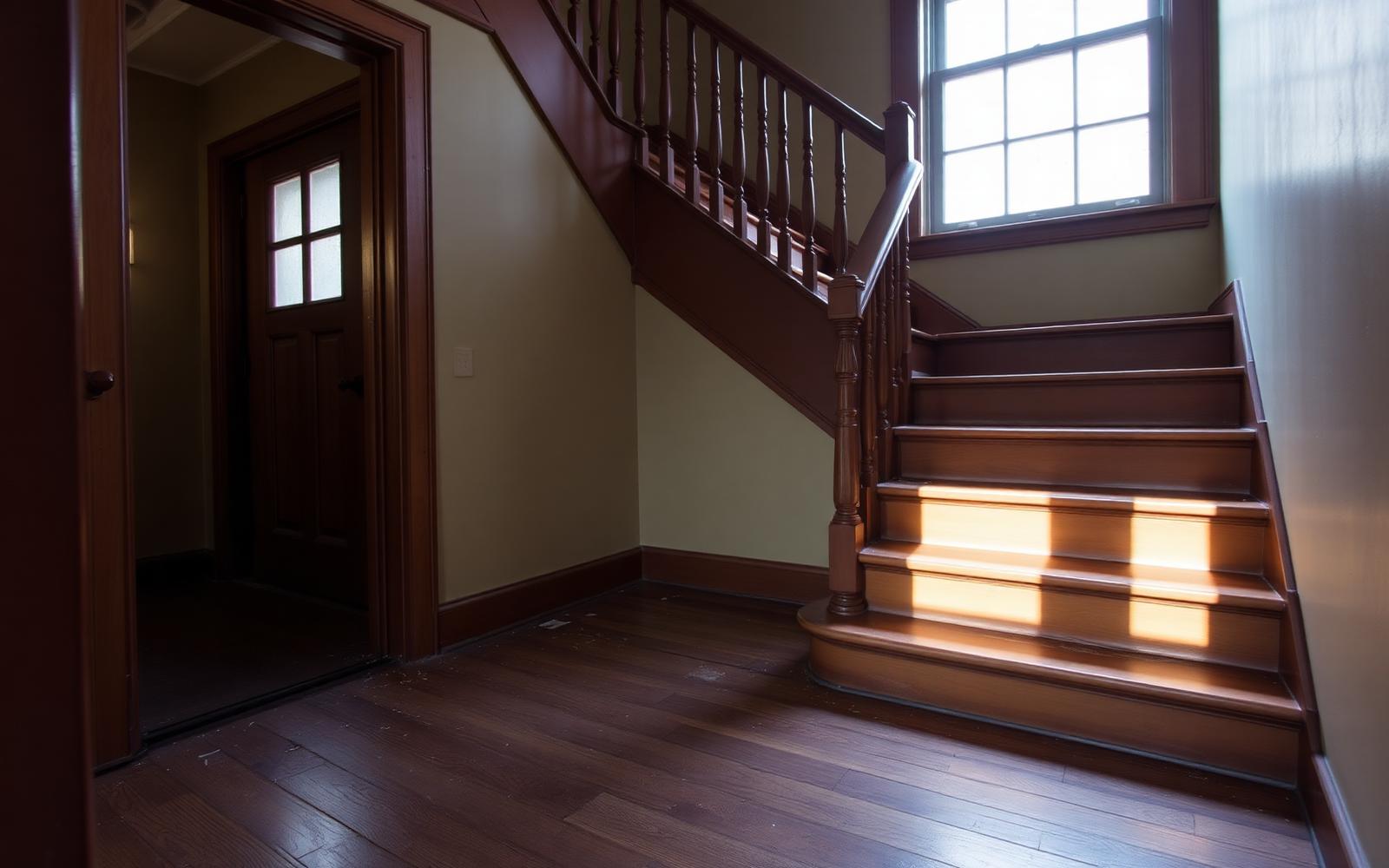 The empty entry hall and staircase of an older Philadelphia rowhome in soft daylight