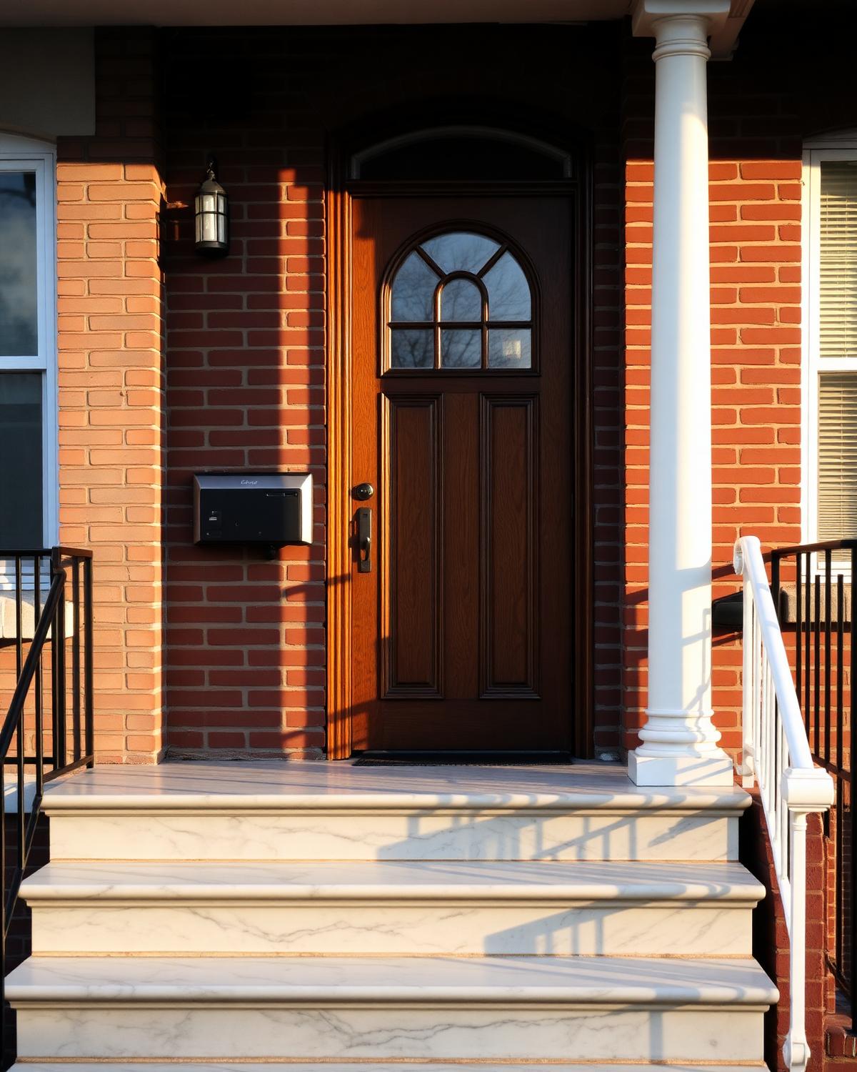 A quiet rowhome front stoop with marble steps and a wooden door in warm daylight