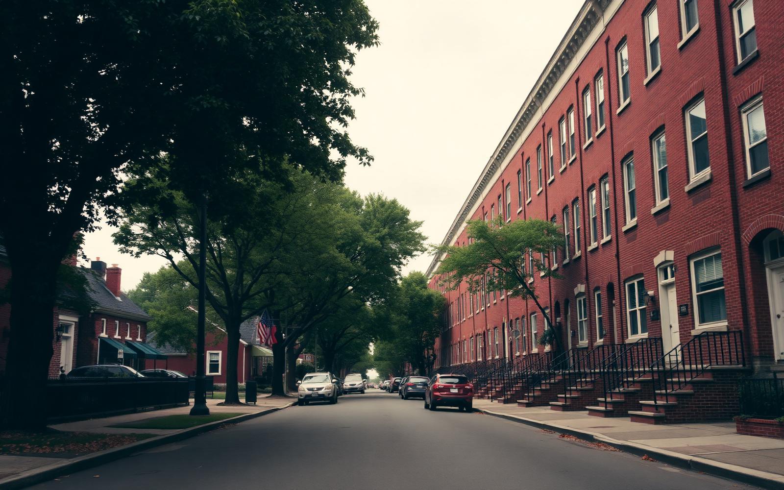 A historic Philadelphia street of brick rowhouses lined with mature trees